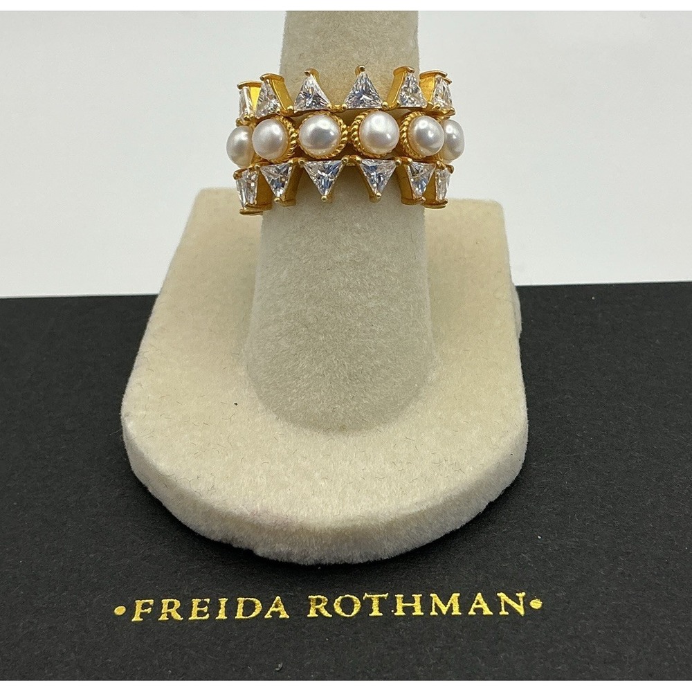 Freida Rothman 3 Stack Ring Pearls Clear CZ Gold Sterling Silver Size 6